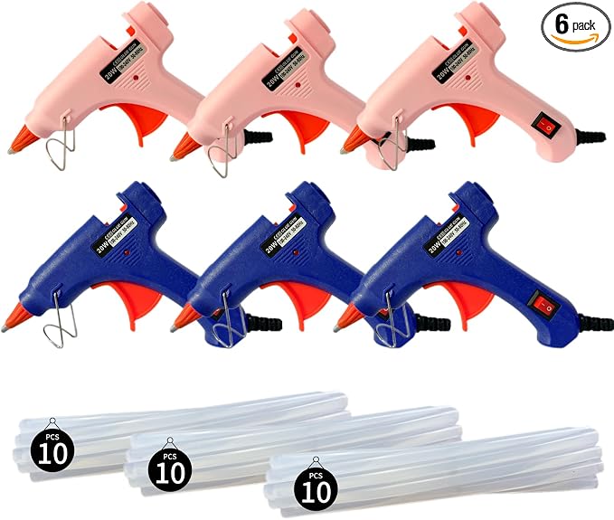 6 Pack Mini Hot Glue Gun Set for Classroom & Group Crafts, 3 Pink + 3 Blue Low by Kumlioon