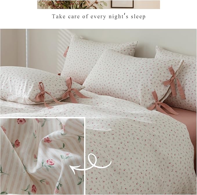 mixinni White Flower Pattern Duvet Cover Full Pink Floral Stripes Duvet Cover - Image 4