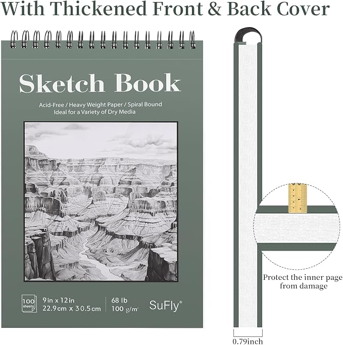 SuFly Sketch Book 9x12, Drawing Paper Pad-68lb/100gsm, Top Spiral Sketchbook - Image 2