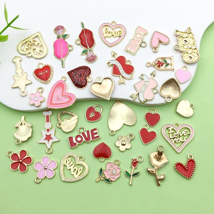 Valentine's Day Heart Charms Set, Decorative Rose and Flower Designs - Image 4