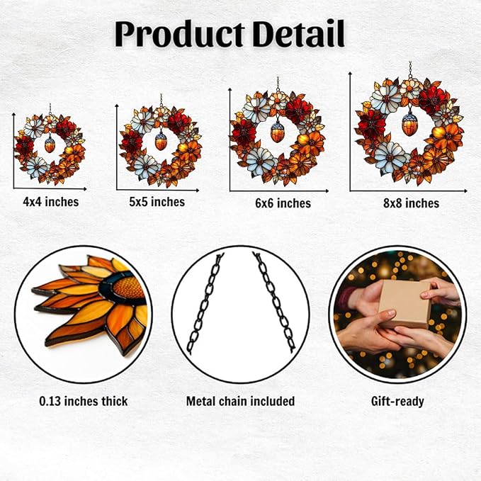Autumn Floral Wreath Acrylic Suncatcher Stained Glass Effect Window Car Hanging - Image 2