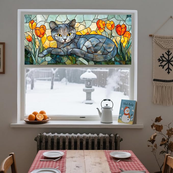 IVN Stained Glass Window Film 39.3x17.7 inch Cat and Tulips Window Privacy Film - Image 8