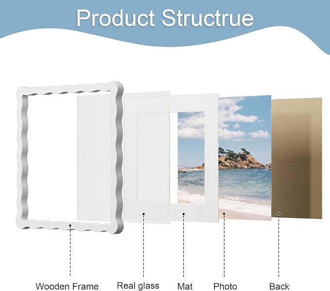 10x10 Picture Frame with Mat for 8x8, Wavy Edge Wooden Real Glass Photo Frame - Image 5