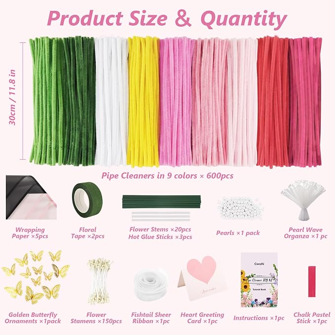 Cwczhi 600 PCS Pipe Cleaners Craft, 9 Colors Pipe Cleaner Bulk Flower Kit | - Image 2