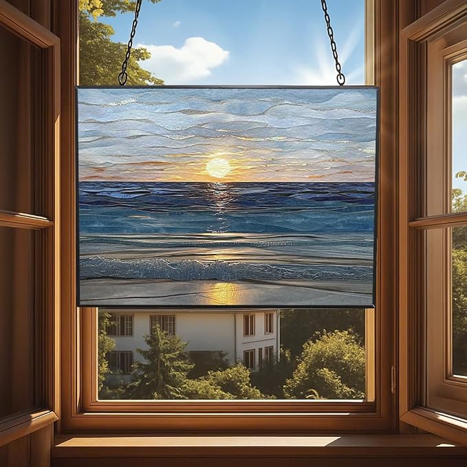 Rectangle Sun Set Beach Stained Glass Window Hanging Sun Catchers Indoor Window - Image 4