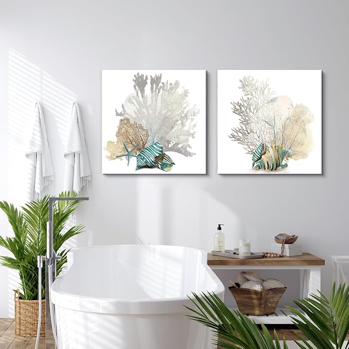 JAPO ART White Coral Wall Art Beach Bathroom Decor Sea Shell Pictures Coastal - Image 3