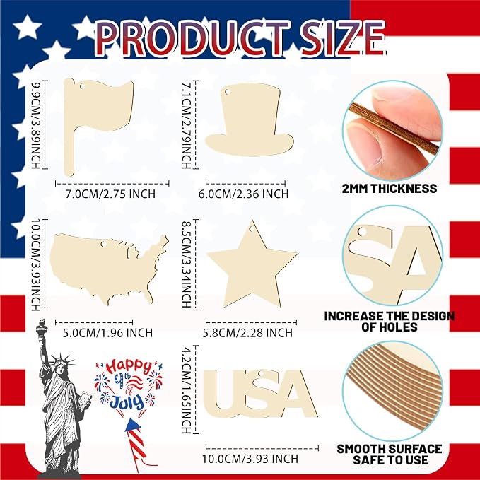 30Pcs Patriotic July of 4th Independence Day Unfinished Wooden Gift Ornaments - Image 2
