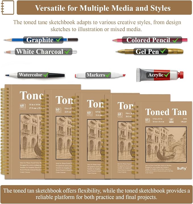 SuFly Toned Tan Sketchbook 9x12 Inches, 60 Sheets - 90lb/150gsm Toned Tan - Image 5