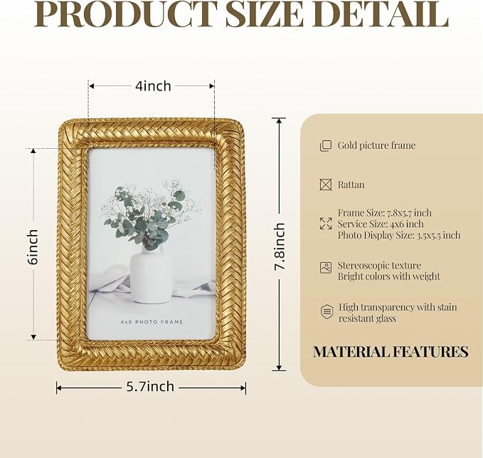 Cuspin Gold 4x6 Picture Frame, Ornate Decorative Rattan Resin Photo Frame - Image 4