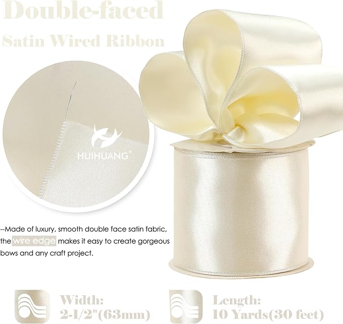 HUIHUANG Cream Satin Wired Ribbon 2-1/2", Cream Wire Edge Ribbon - Image 2