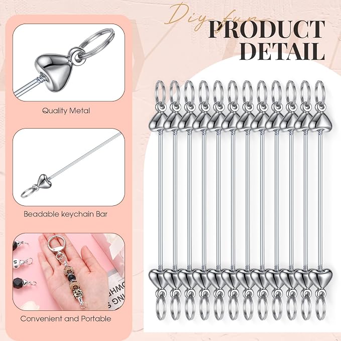 Tondiamo 24 Pcs Beadable Keychain Bars Bulk Blank DIY Metal Heart Beaded - Image 4
