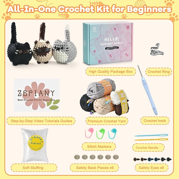 Zepiany Crochet Kit for Beginners, Crochet Cat Beginner Crochet Kit for Adults - Image 2