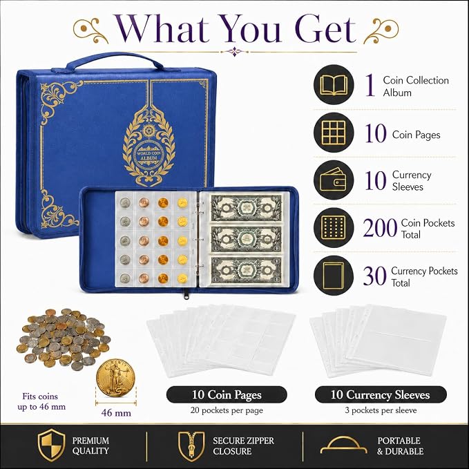 ANKHOH Zippered Coin Collection Book, 200 Pockets and 30 Bill Sleeves | PU - Image 6