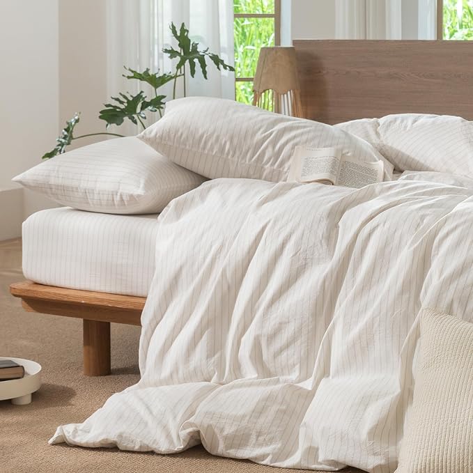 MooMee Striped Duvet Cover Set 100% Washed Cotton Linen Like Textured - Image 6