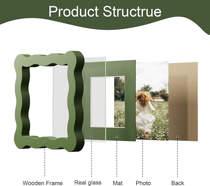 4x4 Picture Frame with Mat for 3x3, Wavy Edge Wooden Real Glass Photo Frame for - Image 5