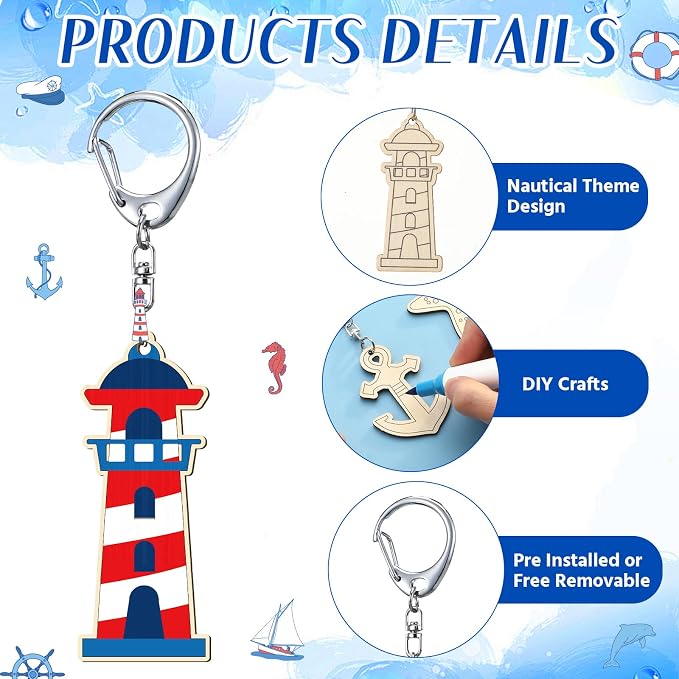 RattanView 24 Pcs Nautical Craft Color Your Own Keychains DIY Craft Wooden - Image 3