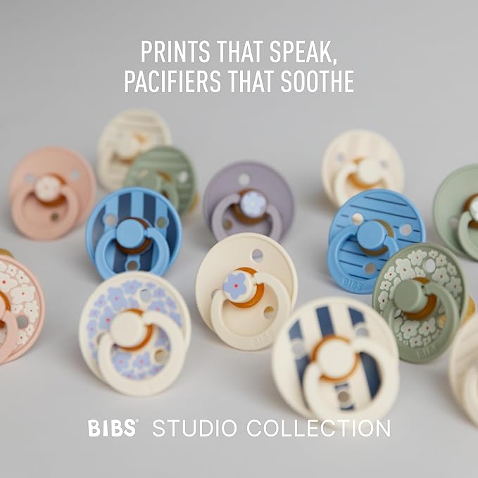BIBS Pacifiers - Studio 2 Pack | Round Nipple Baby Pacifier | BPA Free Natural Rubber Latex Soother | Made in Denmark | Size 6+ Months | Jasmine Fossil Grey