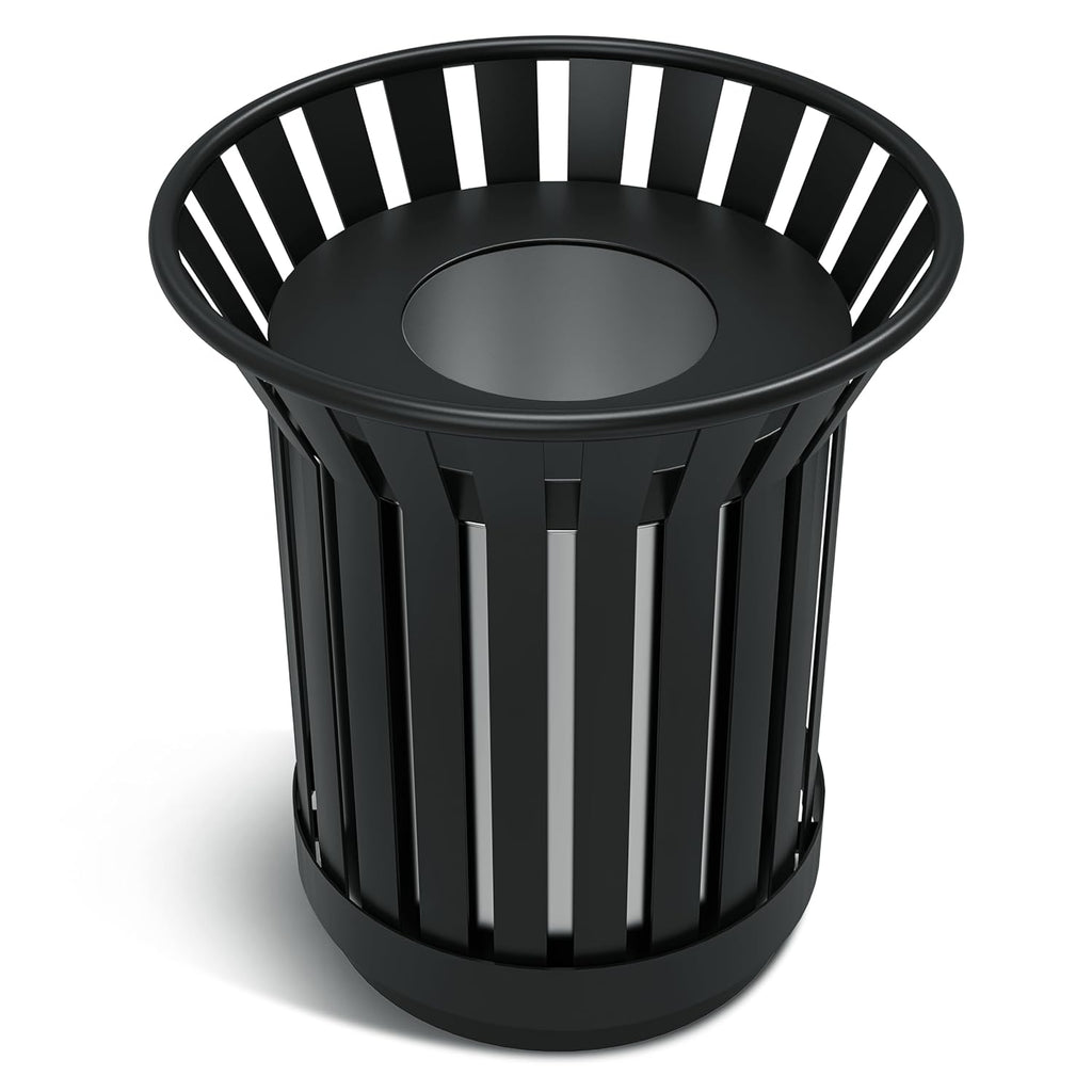 8Gallon Round Large Outdoor Trash Can, Heavy Duty Metal Slatted Garbage Can Outdoor, All Weather Resistant Commercial Garbage Cans, Waste Receptacle in Park, School, Beach, Patio (Black, Medium)