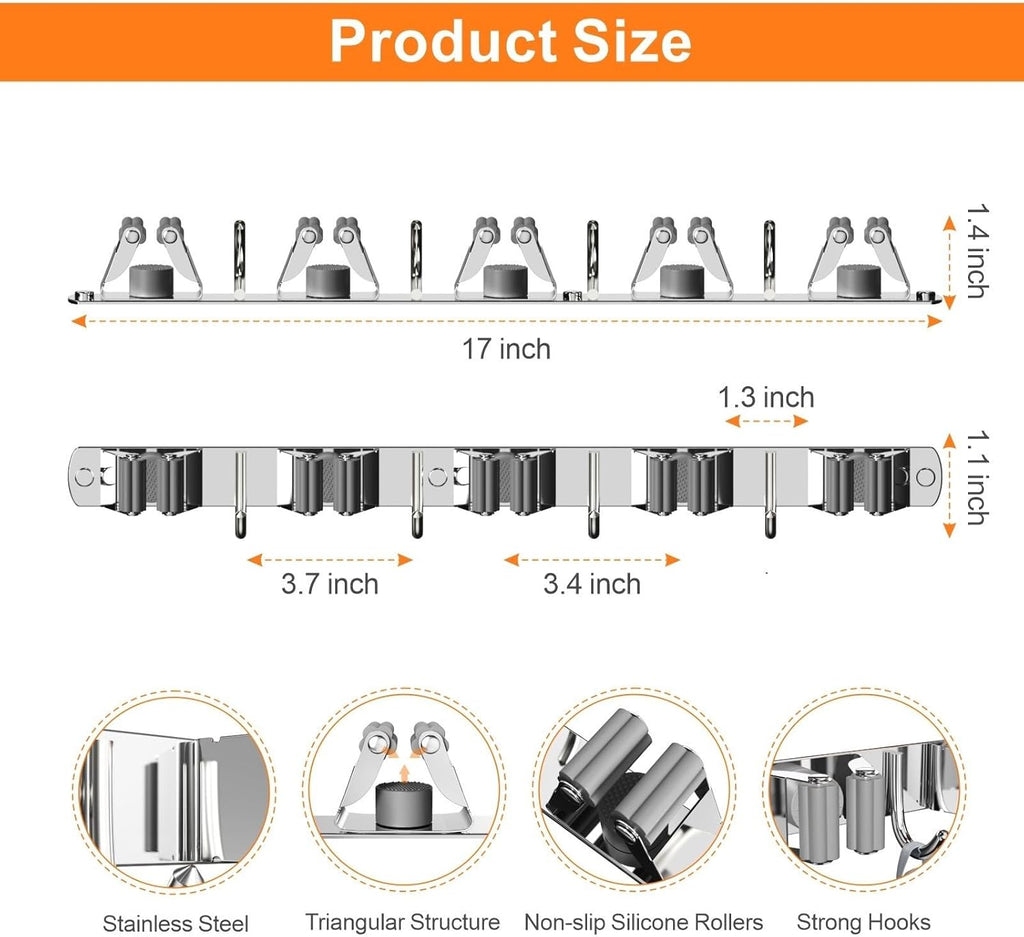 Broom and Mop Organizer Wall Hanging, Upgraded Mop and Broom Holder Wall Mount, Stainless Steel Broom Hanger Wall Mount for Laundry Room Organization and Storage（5 Racks with 4 Hooks）