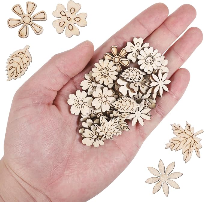 100 PCS Unfinished Wood Flowers Wood Slice Leaf Pattern Cutouts Mini Wooden - Image 7