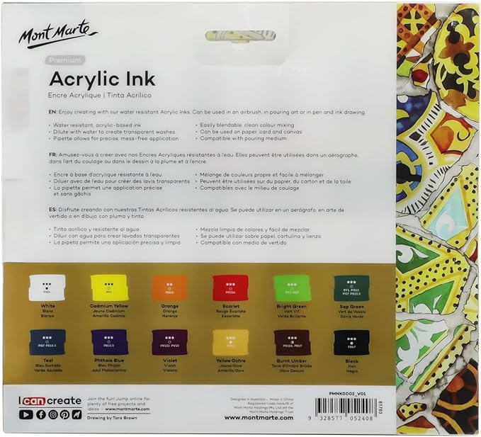 Mont Marte Acrylic Ink Premium 12pc x 20ml, Acrylic Inks - Image 6