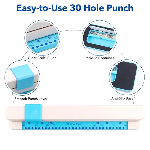 30 Holes Binding Punch, Loose Leaf Paper Punch Machine, Portable Hand Pushed - Image 3