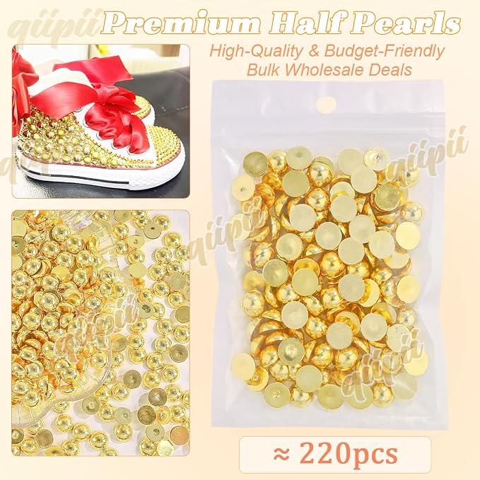 qiipii 220PCS 10mm Shiny Gold Round Half Round Pearls - Image 2