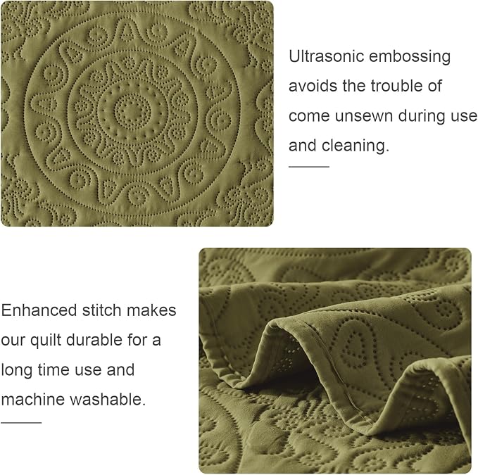 WURUIBO Olive Green Quilt Set King/Cal King Size, Embossing Microfiber - Image 5