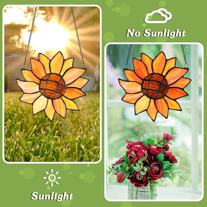 Lewondr Sunflower Stained Glass Window Hanging, Handcrafted Stained Glass - Image 5