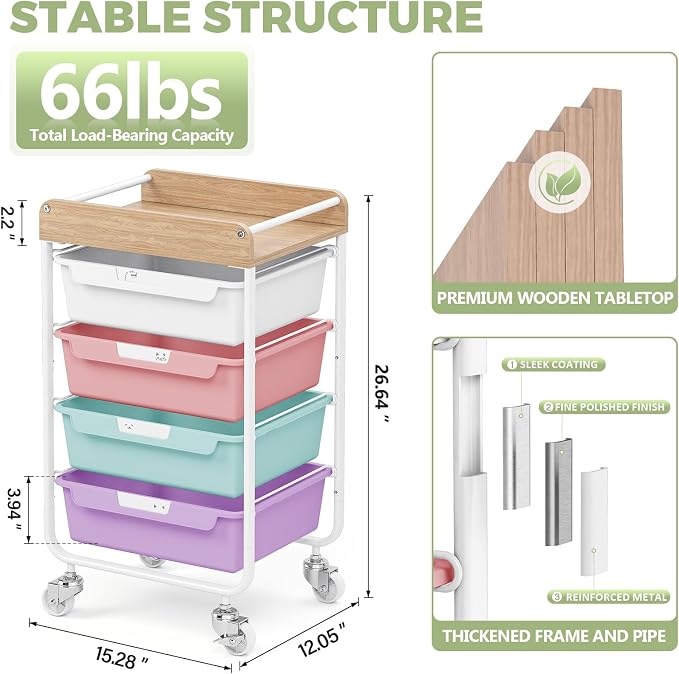SYKIARIOL Rolling Utility Storage Cart, 4 Labeled Ice Cream Colored Drawers - Image 3