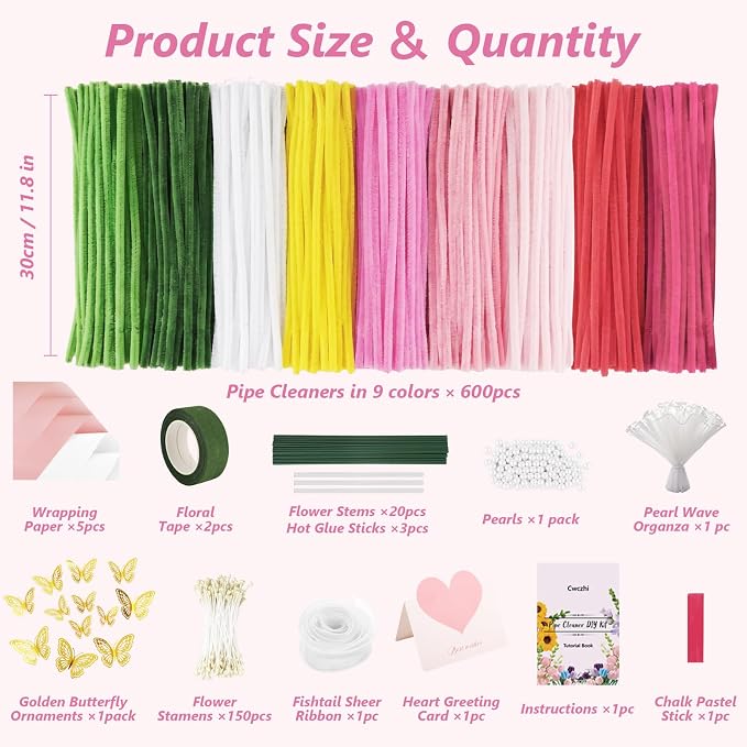 Cwczhi 600 PCS Pipe Cleaners Craft, 9 Assorted Colors Pink Pipe Cleaner Flower - Image 2