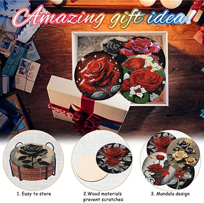 8 Pack Diamond Art Coasters, Rose Flowers Diamond Painting Coasters Kits | - Image 6