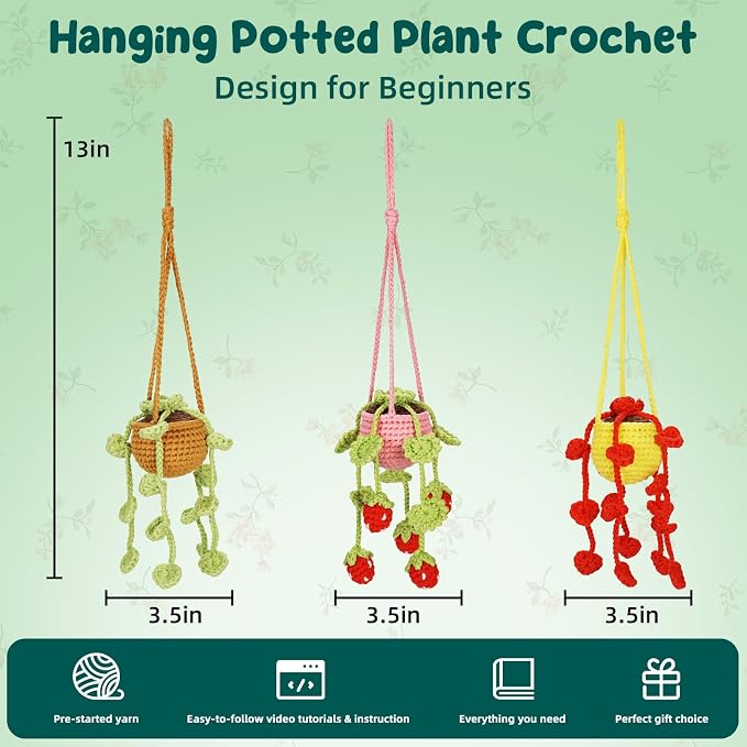 WaldyWop Crochet Kit for Beginners: 3 PCS Hanging Potted Crochet Plants Kits - Image 3