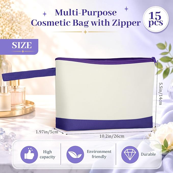 Silkfly 15 Pcs Cotton Canvas Makeup Bags Cosmetic Zipper Bags 10.2 x 5.5 x 2'' - Image 2