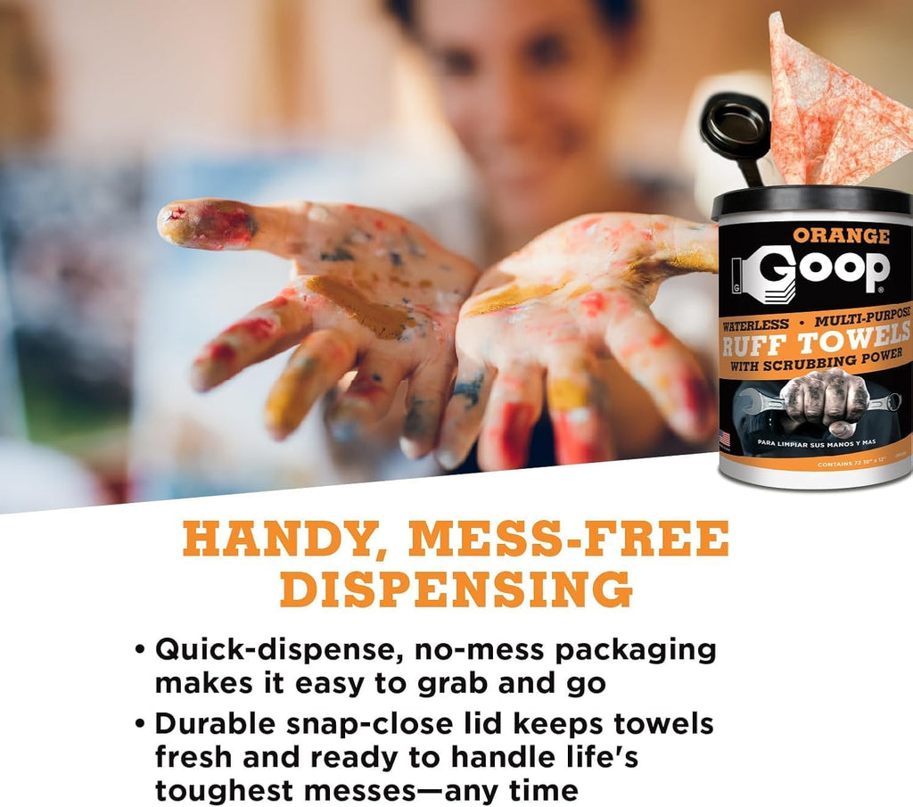GOOP Heavy Duty Ruff Towels with Scrubbing Power, 10” x 12” Dual Textured Multi-Purpose Cleaning Wipes, Removes Dirt, Grease, Oil - 6 Pack