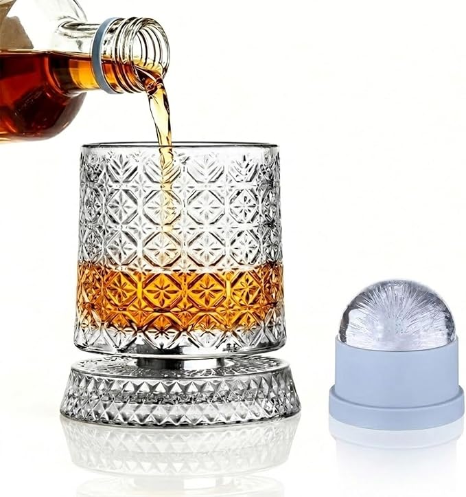 Rotating Whiskey Glass with Large Ice Ball Mold, Single Spinning Crystal by UNOD