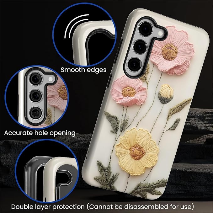 Case for Samsung Galaxy S23 Case, Faux Embroidery Boho Floral Design Hybrid - Image 3