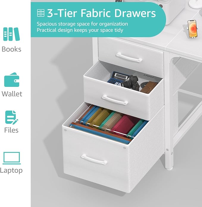Lufeiya White Desk with File Drawers Cabinet, 47 Inch Reversible Computer Desk - Image 6