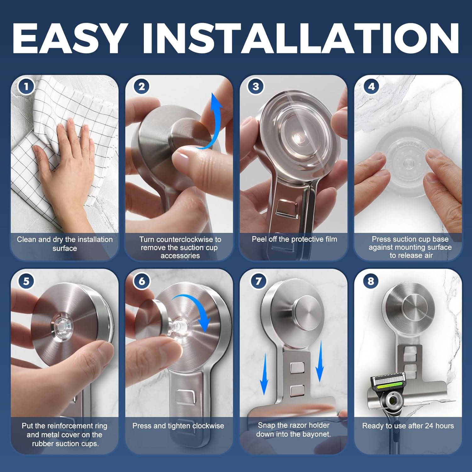 Suction Cup Razor Holder for Shower Wall 2 Pack,Heavy-Duty 15lbs Suction Hooks for Razor,Towel,Phone,Loofah, Removable Damage-Free Metal Shower Hook,Shaver Holder(Silver)