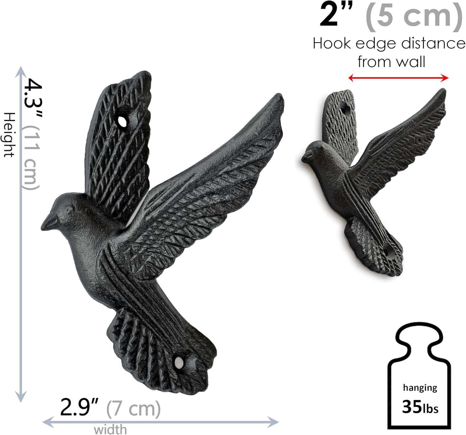 Ambipolar Flying Style Iron Cast Decorative Pigeon Bird Wall Mounted Coat Hooks, 5 Pieces, Black