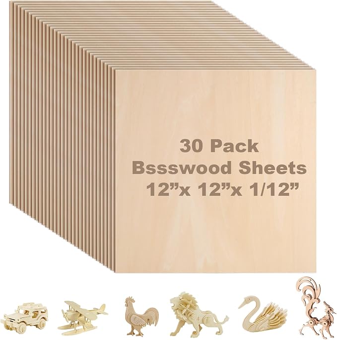 30 Pack Basswood Sheets 12x12x1/12 Inch, Plywood Sheet Unfinished Wood Boards by Ecurfu