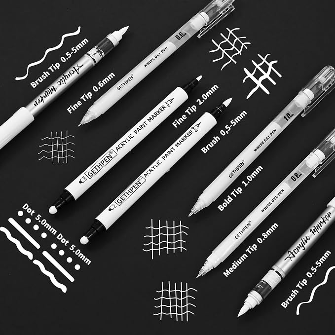 GETHPEN White Ink Pens, Fine Point Gel Pens, Brush Tip Acrylic Markers - Image 2