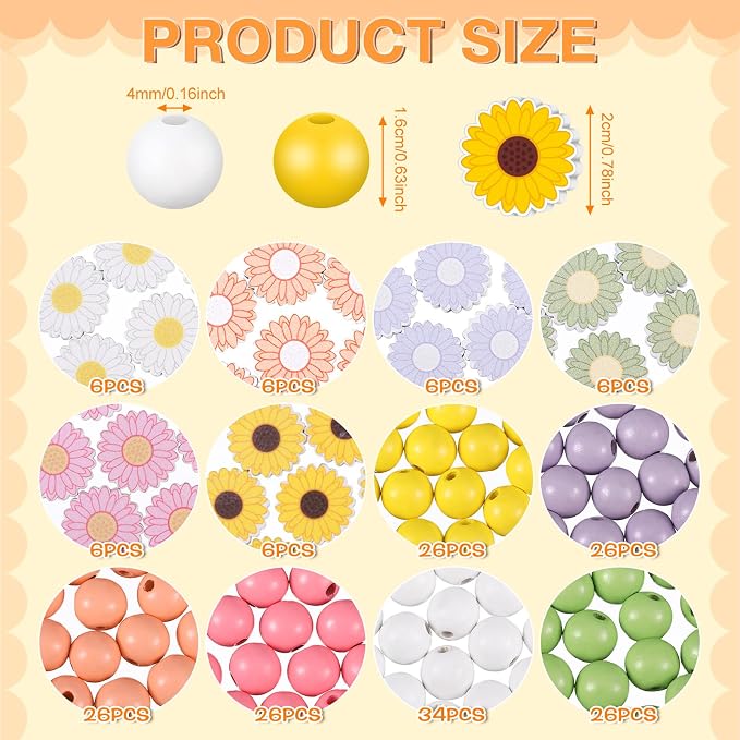 Tradder 200 Pieces Daisy and Sunflower Wood Beads Set 16 mm 20 mm Colorful - Image 2