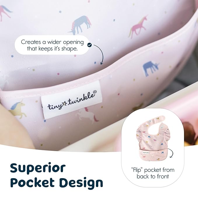 Tiny Twinkle Mess Proof Baby Bibs for Eating – Waterproof, Wipeable Toddler Bibs with Pocket – Baby Food Bibs for Girls & Boys(3 Pack,Unicorn Set)