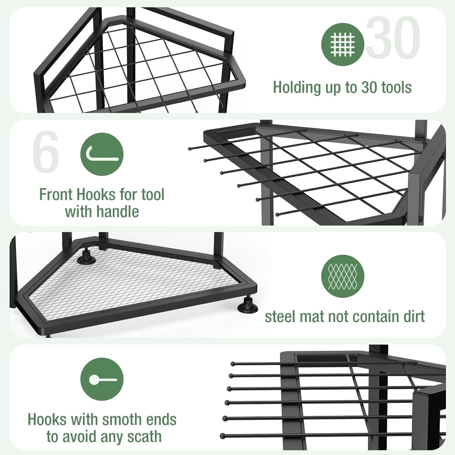 Garden Tool Organizer for Corner,Metal Yard Tool Organizer for Long-Handled Tools/Rakes/Brooms,Side Garden Pocket,Heavy Duty Steel Yard Tool Storage Rack for Garage,Shed, Outdoor