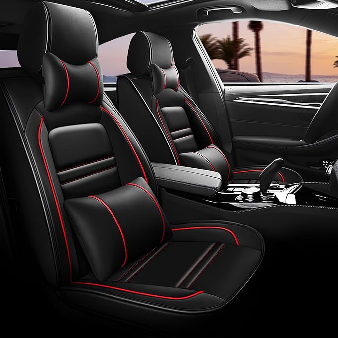 Car Seat Covers for Cadillac SRX 2004-2016 | 5-Seats Seat Covers, Waterproof Seat Protectors, Automotive Seat Covers (Full Set with Pillow,Black&Red Line)