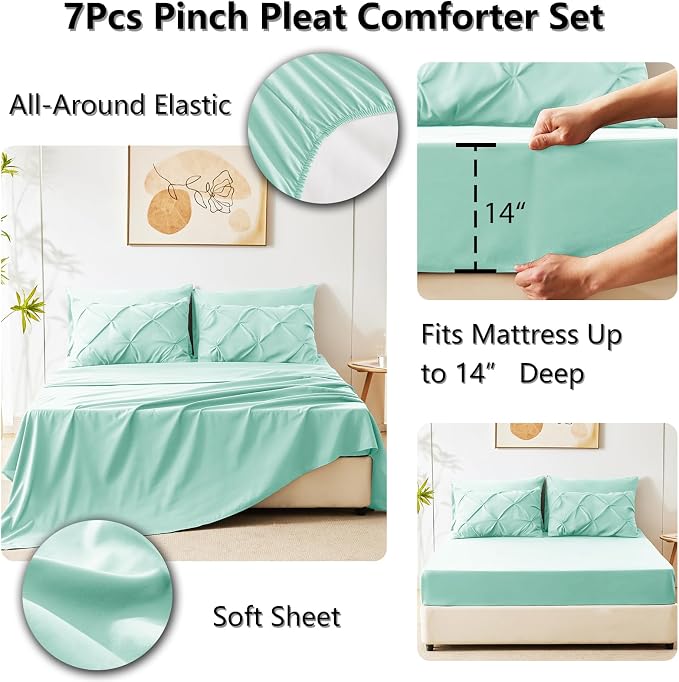 CozyLux King Size Comforter Set Mint Green, 7 Pieces Pintuck Bed in A Bag Green - Image 6