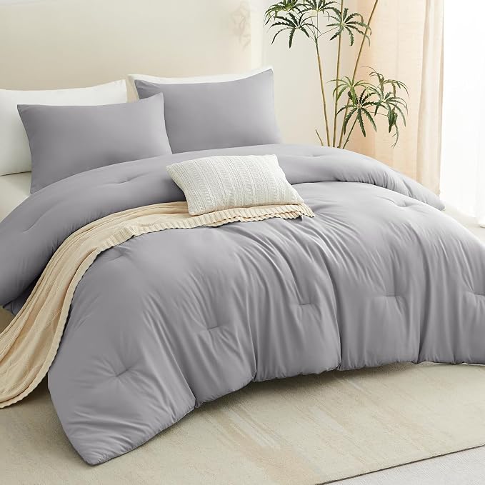 CozyLux Queen Comforter Set Grey, 3 Pieces Solid Comforters Queen Size - Image 8