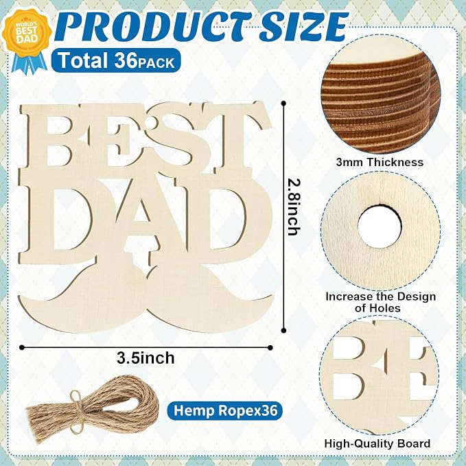 36PCS Wooden Father's Day Ornaments to Paint, Fathers Day Crafts - Image 7