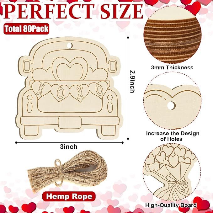 80PCS Wooden Heart Ornaments to Paint Valentine's Day Craft, 10 Styles DIY - Image 2